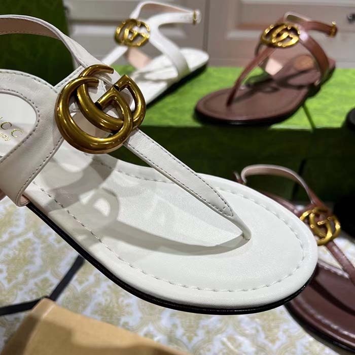 Gucci Women GG Double G Thong Sandal White Leather Flat 0.5 CM Heel