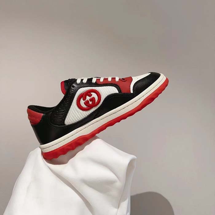 Gucci GG Unisex MAC80 Sneaker Black Red Leather White Fabric Interlocking G Embroidery Round Toe Rubber