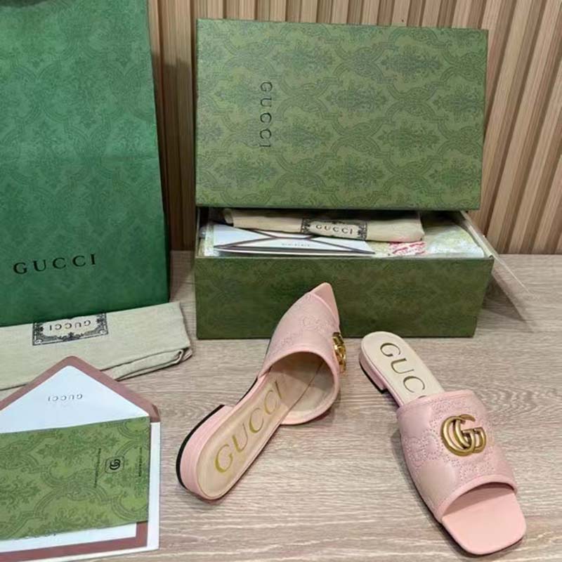 Gucci Women GG Matelassé Slide Sandal Beige Double G Square Toe Flat