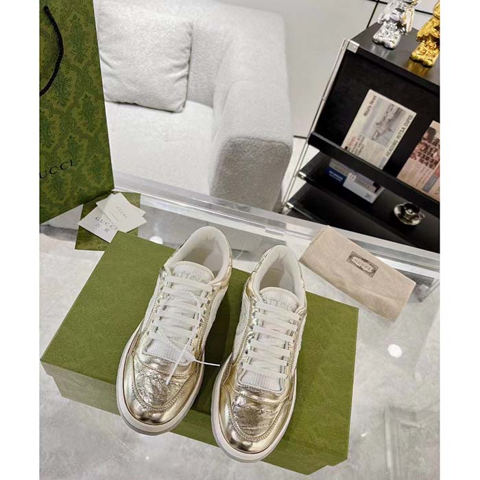 Gucci Unisex GG MAC80 Sneaker Metallic Gold Leather Interlocking G Embroidery Round Toe Rubber Flat