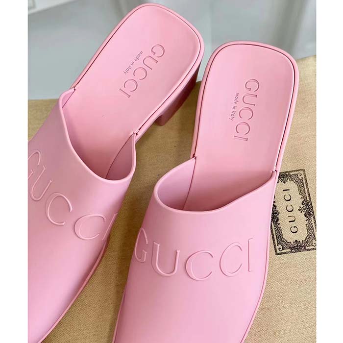 Gucci Women GG Slip-On Sandal Pink Rubber Embossed Logo Square Toe Chevron
