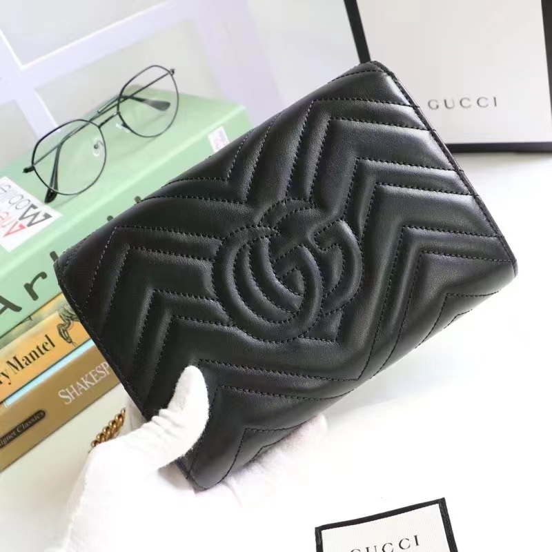 Gucci Women GG Marmont Matelassé Mini Bag Black Chevron Leather Double G