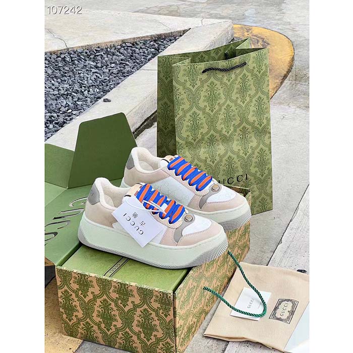 Gucci Unisex Screener GG Sneaker White Original Canvas Beige Suede Leather Low Heel