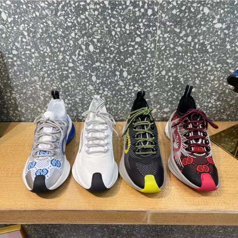 Gucci Unisex Run Sneaker White Blue GG Technical Knit Fabric Interlocking G Rubber