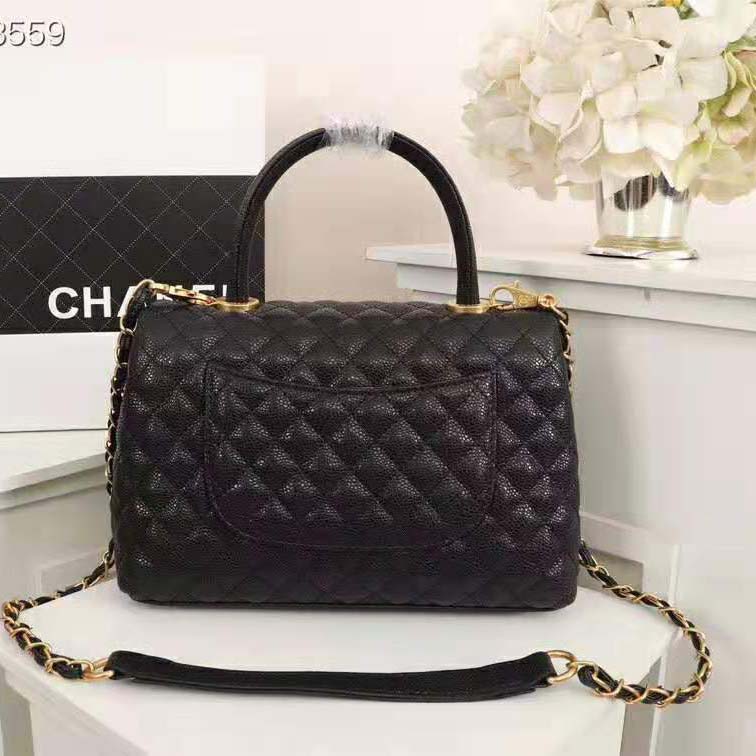 Chanel Women Large Flap Bag with Top Handle in Grained Calfskin Leather-Black