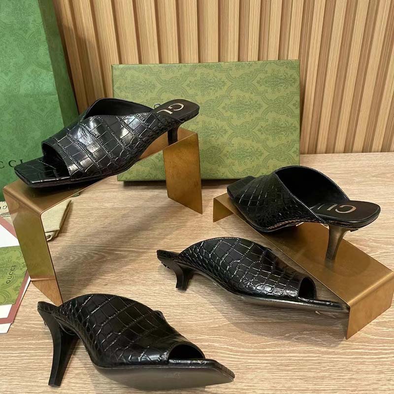 Gucci Women GG Crocodile Print Pump Black Square Toe Mid Heel