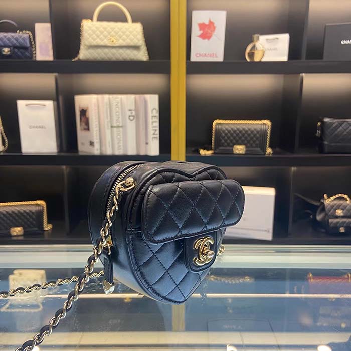 Chanel Women CC Heart Shape Bag Black Calfskin Leather Gold-Tone Metal