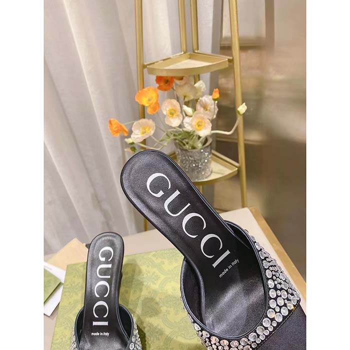 Gucci Women GG Slide Sandal Crystals Black Silk Satin Mid 6 CM Heel