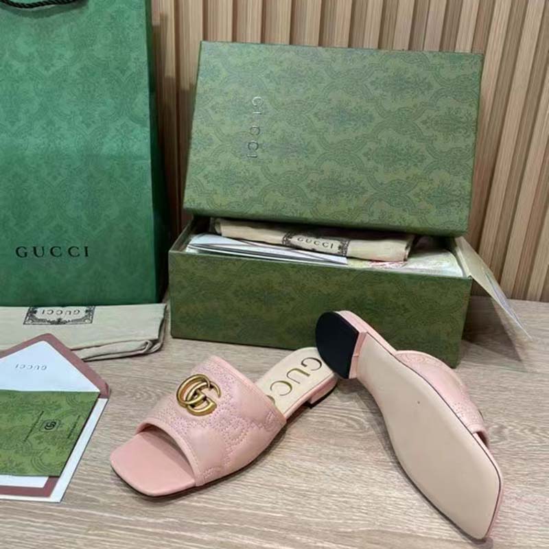 Gucci Women GG Matelassé Slide Sandal Beige Double G Square Toe Flat