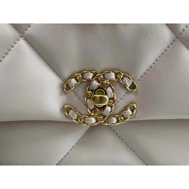 Chanel Women CC 19 Flap Bag Calfskin Gold Silver-Tone Metal White