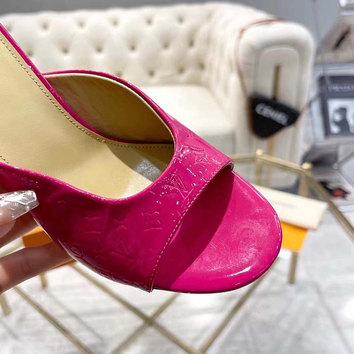 Louis Vuitton LV Women Super Mule Fuchsia Monogram-Debossed Patent Calf Leather 10 CM Heel