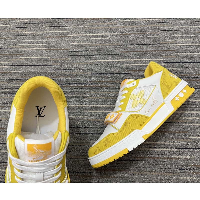 Louis Vuitton Unisex LV Trainer Sneaker Yellow Monogram Denim Rubber Outsole Monogram Flowers