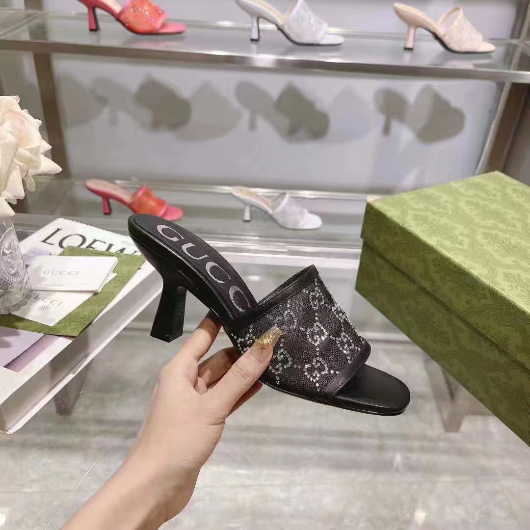 Gucci Women GG Mid Heel Slide Sandal Black GG Crystal Mesh 7.6 CM Heel