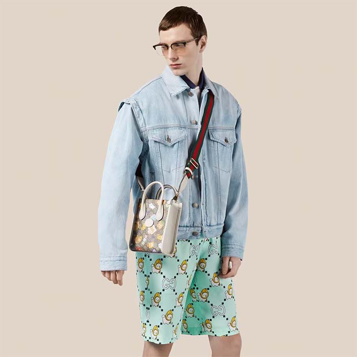 Gucci Unisex Animal Print Mini Tote Bag Beige Ebony GG Supreme Canvas