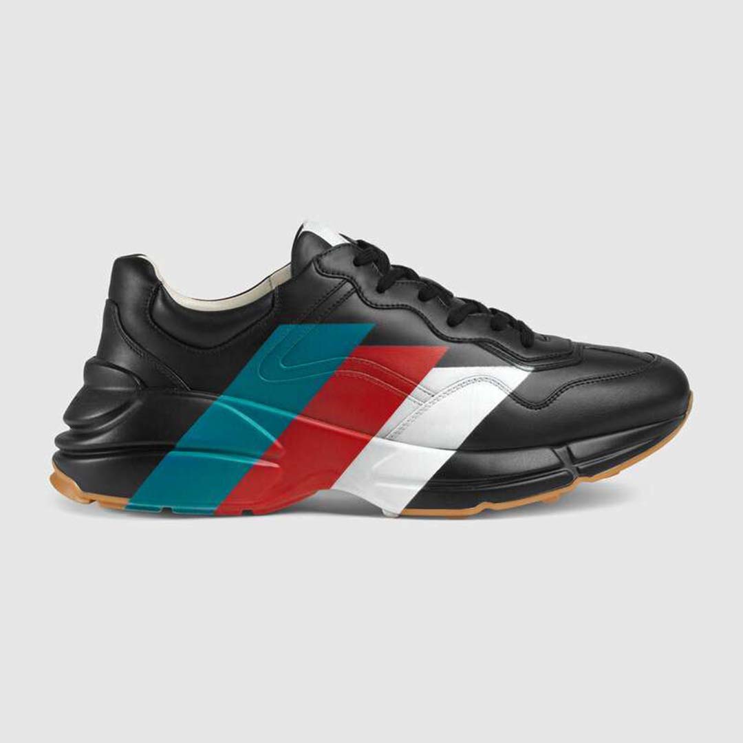 Gucci Men Rhyton Web Print Leather Sneaker in 5.1 cm Height-Black