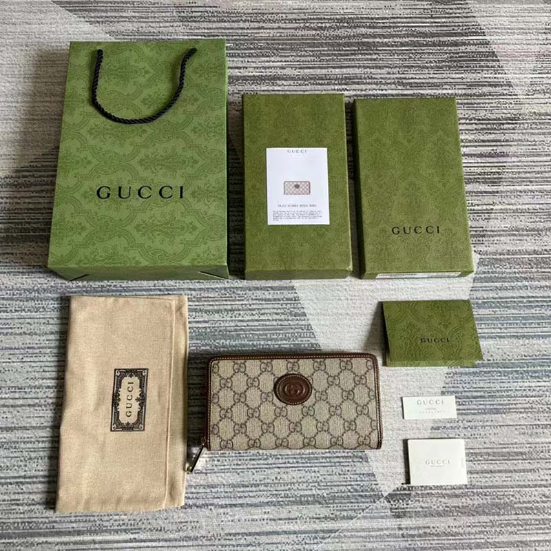 Gucci Unisex Zip Around Wallet Interlocking G Beige Ebony GG Supreme Canvas