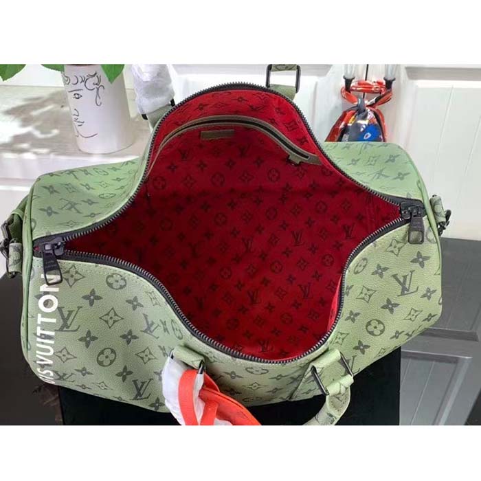 Louis Vuitton LV Unisex Keepall Bandoulière 55 Khaki Green Vermillion Red Monogram Canvas
