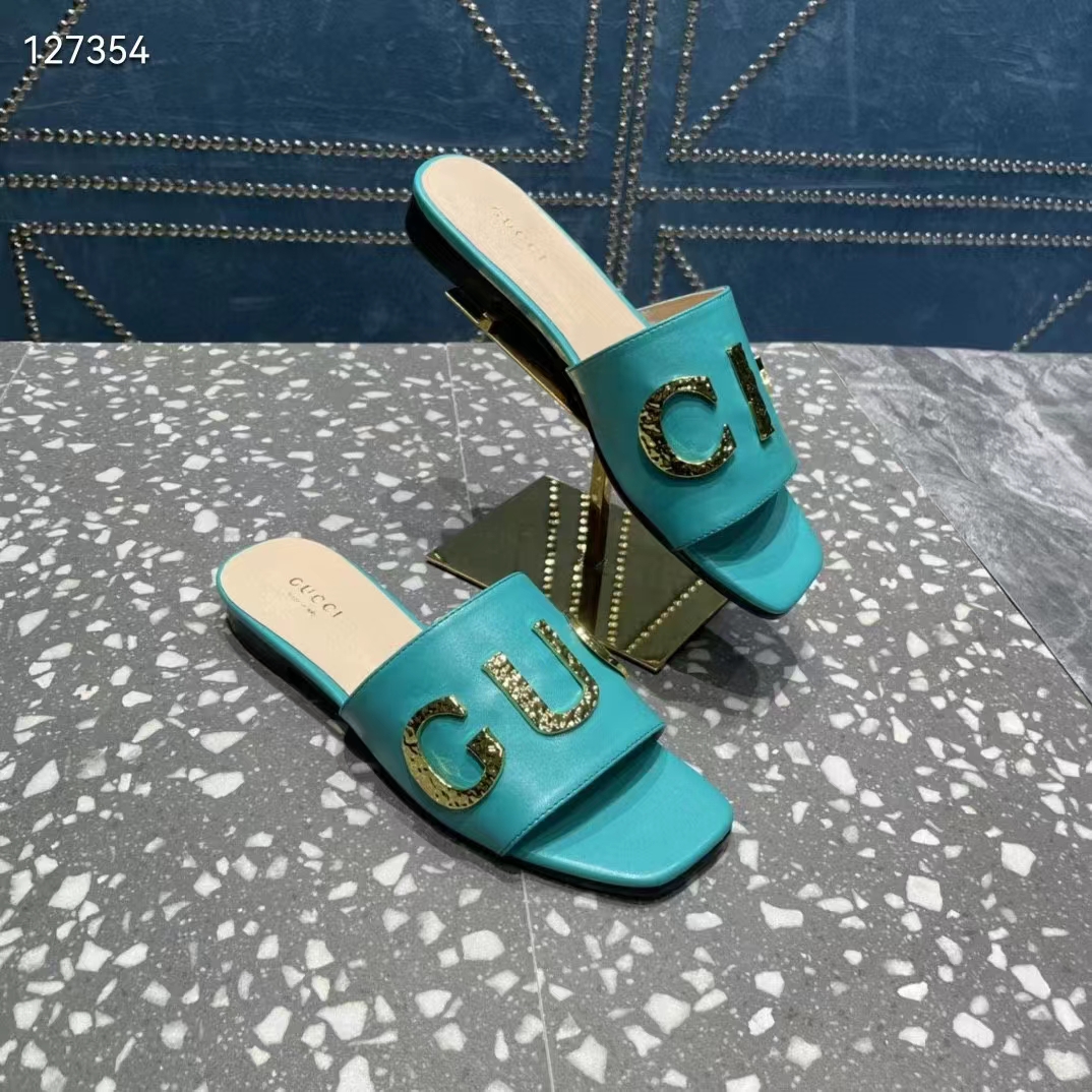 Gucci Women GG Slide Sandal Turquoise Leather Textured Logo Star Flat 1 Cm Heel