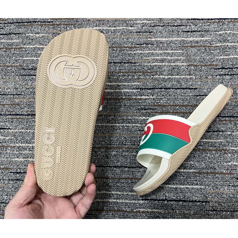 Gucci Women Interlocking G Slide Sandal Striped Rubber White Footbed Rubber Sole Flat