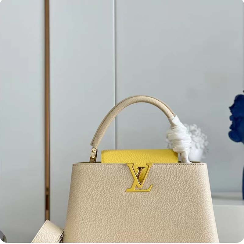 Louis Vuitton LV Women Capucines MM Handbag Yellow Beige Taurillon Leather Canvas