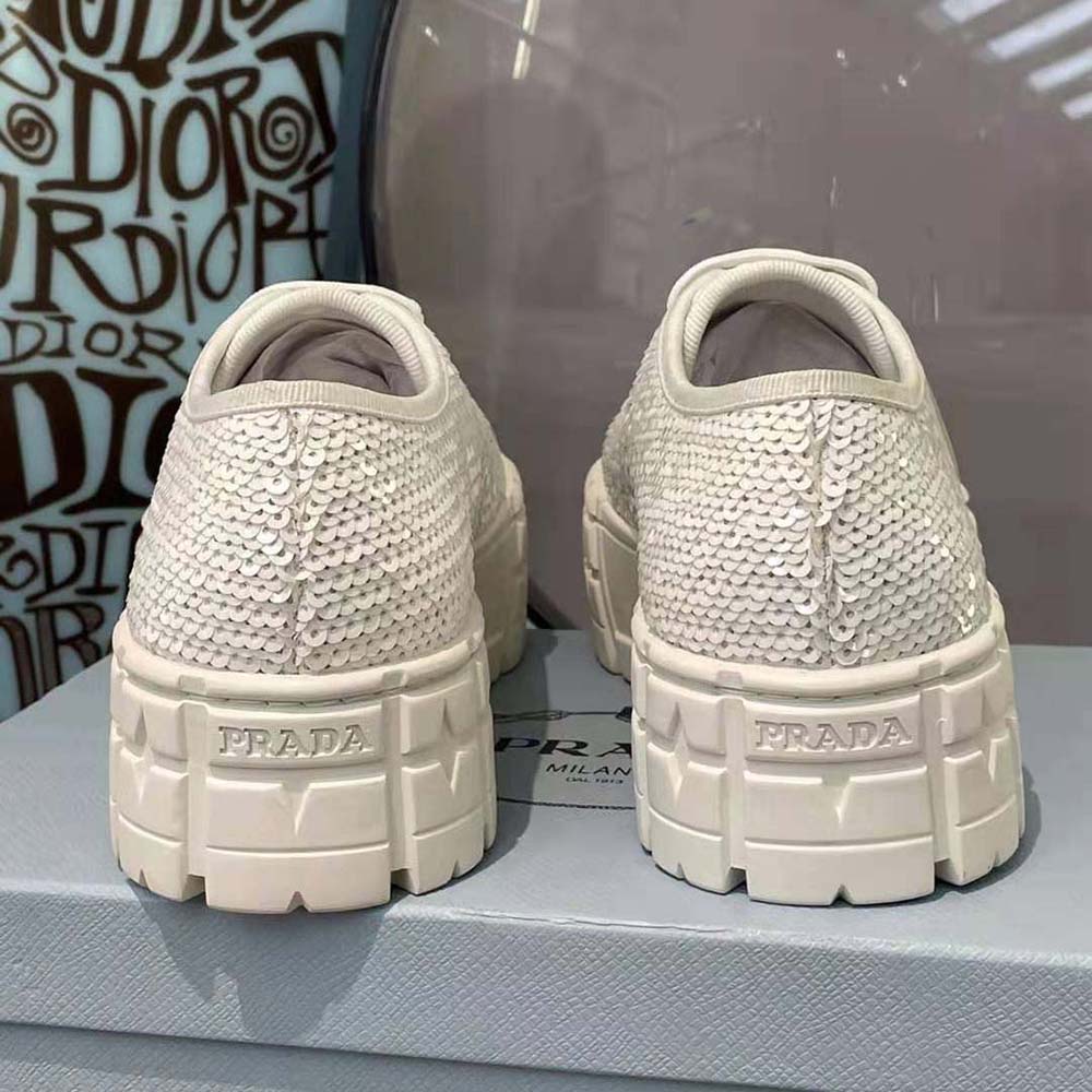 Prada Women Double Wheel Sequin Sneakers-White