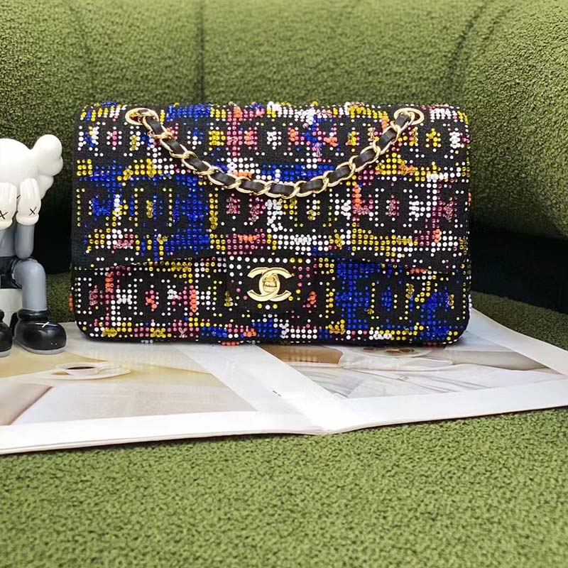 Chanel Women CC Classic Handbag Embroidered Tweed Glass Beads Strass Metal Black Multicolor