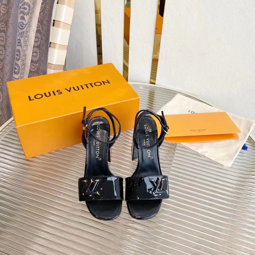 Louis Vuitton LV Women Shake Sandal Black Patent Calf Leather 9.5 Cm Heel