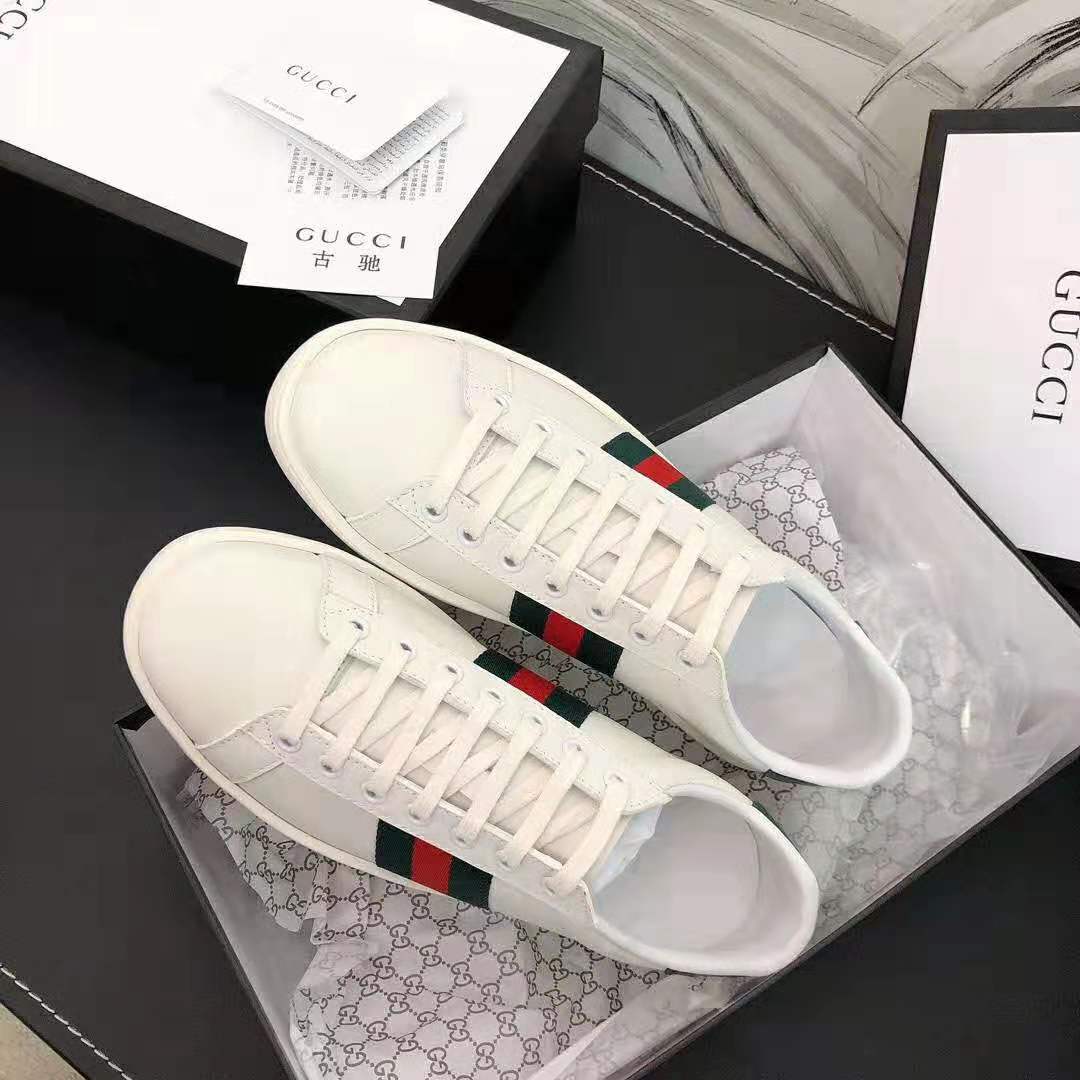 Gucci Unisex Ace Leather Sneaker White Leather with Green Crocodile Detail