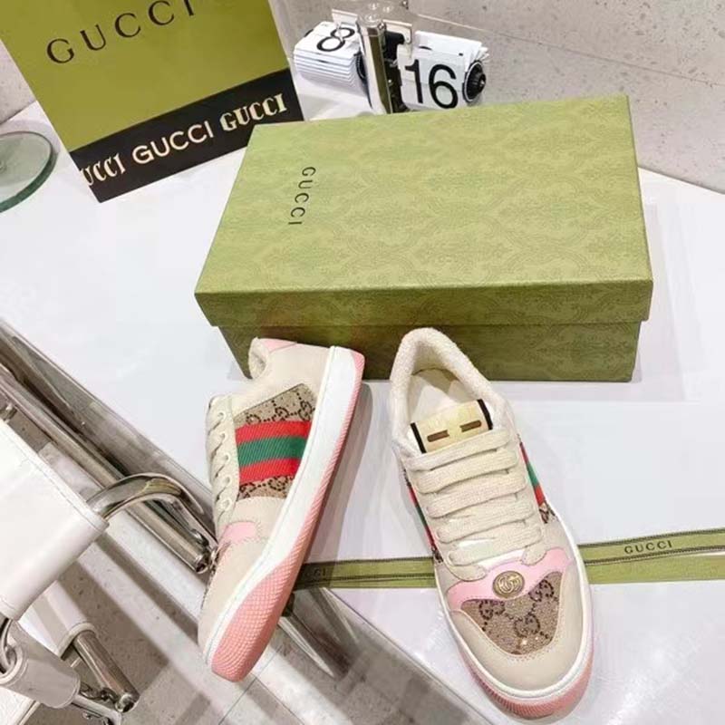 Gucci Unisex Screener Sneaker Crystals Beige Ebony GG Canvas 3.6 cm Heel
