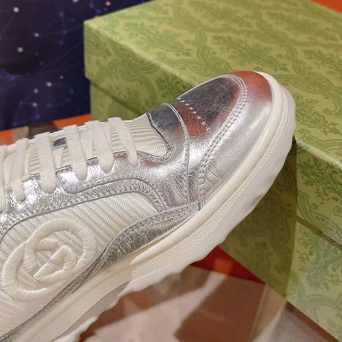 Gucci Unisex GG MAC80 Sneaker Metallic Silver Leather Fabric Round Toe Rubber Flat