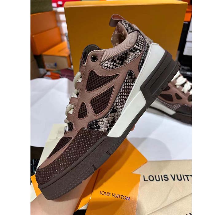 Louis Vuitton LV Unisex Skate Sneaker Brown Mesh Python-Like Embossed Leather Double Laces Rubber