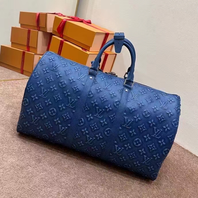 Louis Vuitton LV Unisex Keepall Bandoulière 50 Weekend Bag Denim Blue Cowhide Leather