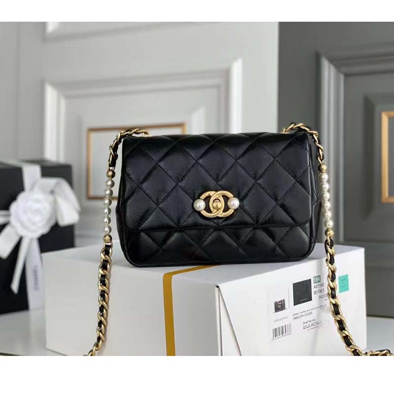 Chanel Women Mini Flap Bag Calfskin Imitation Pearls Gold-Tone Metal Black