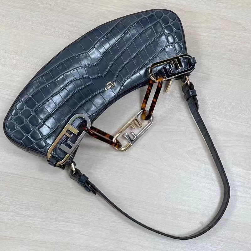 Fendi Women FF O’Lock Swing Dark Blue Crocodile Leather Pouch