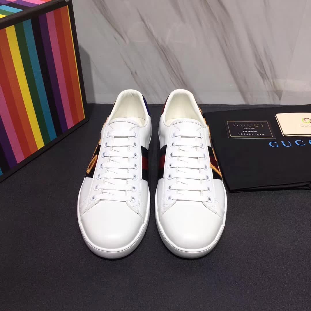 Gucci Unisex Ace Embroidered Leather Sneaker Shoes Style-White