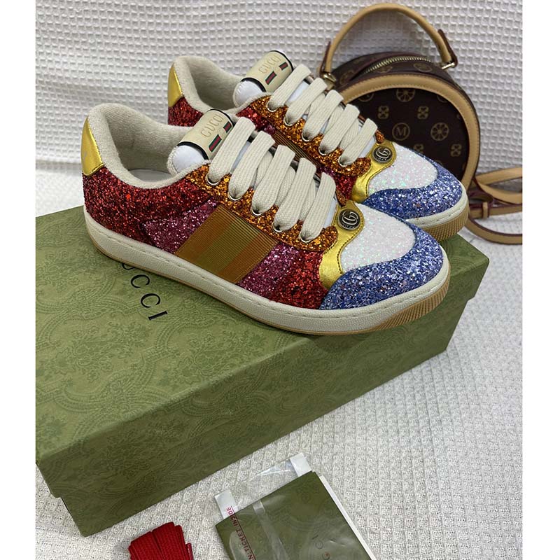 Gucci Unisex GG Lovelight Screener Sneaker Glitter Multicolor Canvas Fabric Rubber Low Heel