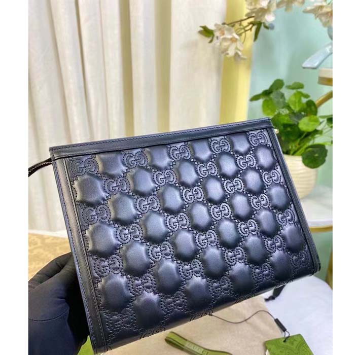 Gucci Unisex GG Matelassé Pouch Black GG Matelassé Leather Double G