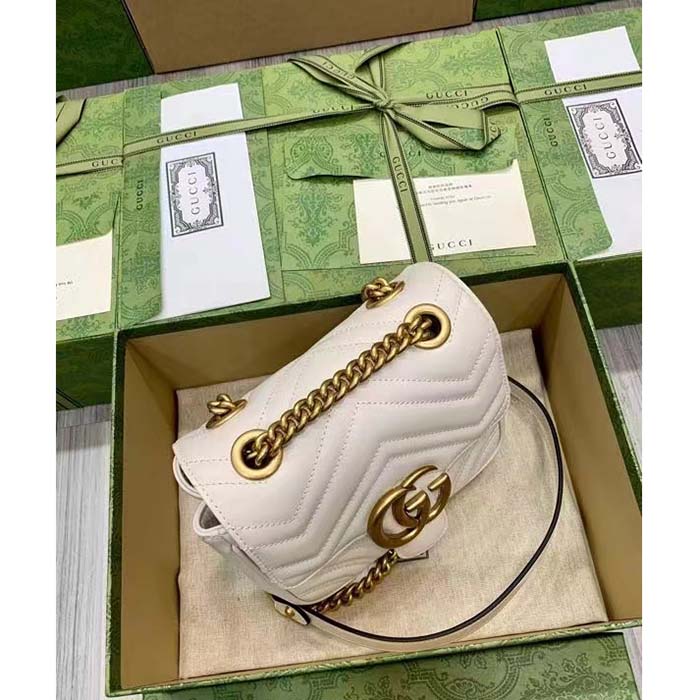 Gucci Women GG Marmont Matelassé Mini Shoulder Bag White Chevron Leather
