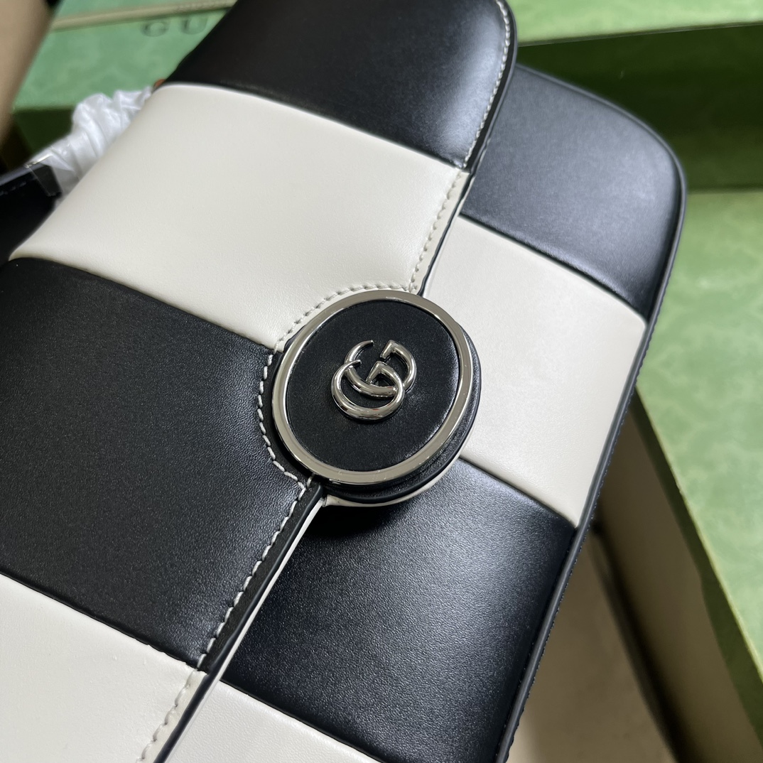 Gucci Women Petite GG Small Shoulder Bag Black White Leather Double G