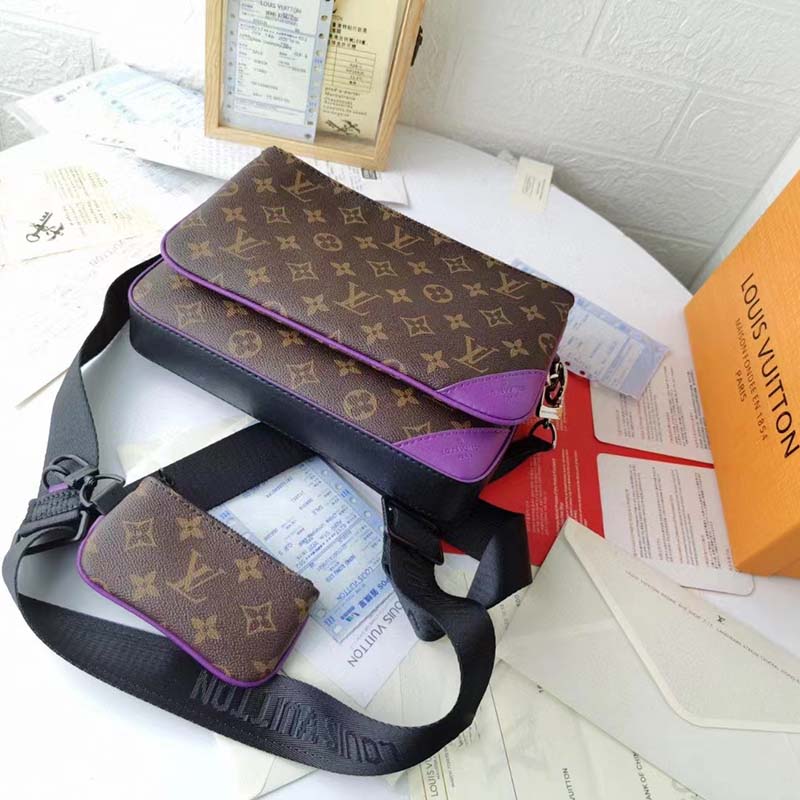 Louis Vuitton LV Unisex Trio Messenger Bag Monogram Macassar Coated Canvas Purple Cowhide