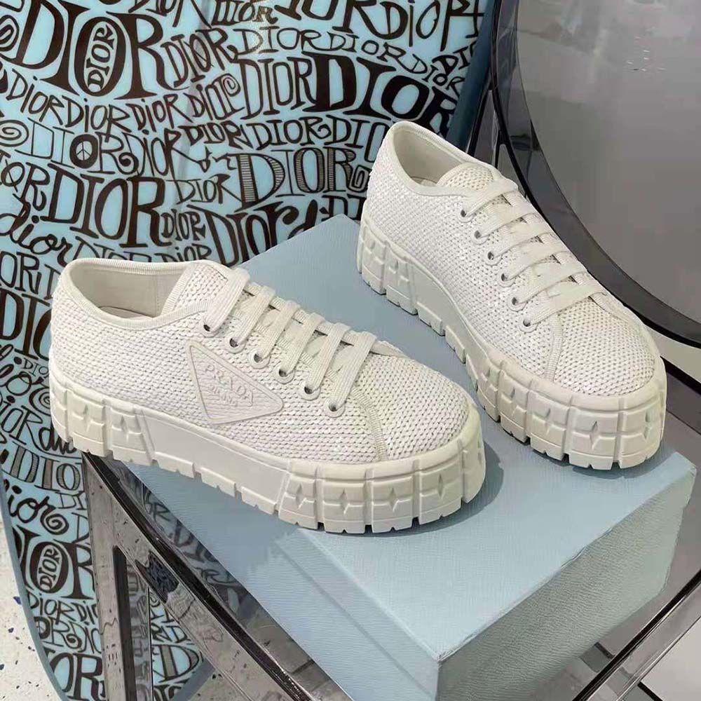 Prada Women Double Wheel Sequin Sneakers-White
