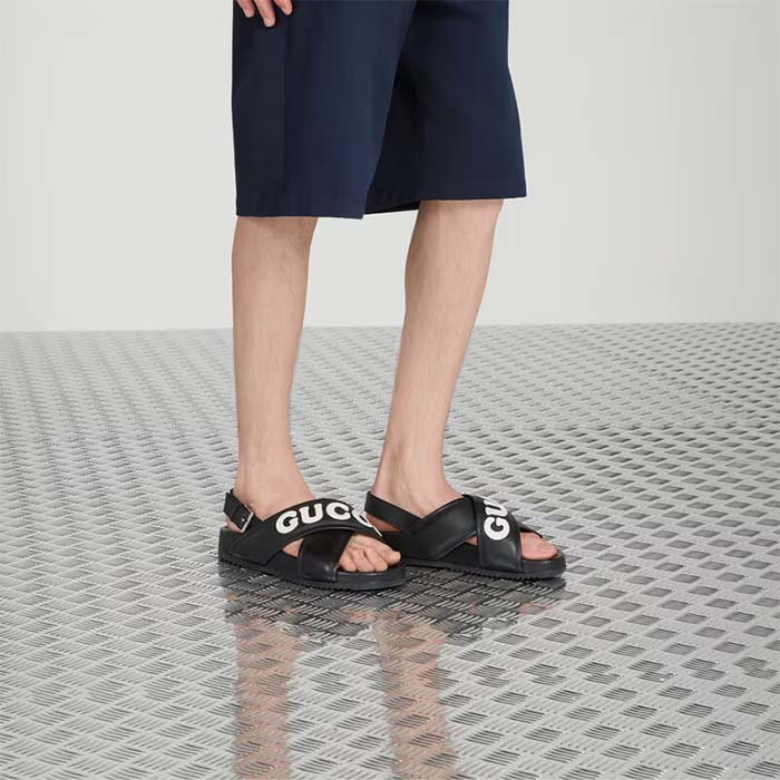 Gucci Unisex GG Sandal Black White Leather Script Rubber Buckle Flat