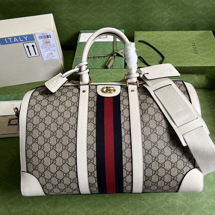 Gucci Unisex Ophidia Medium Duffle Bag Beige Ebony GG Supreme Canvas Double G