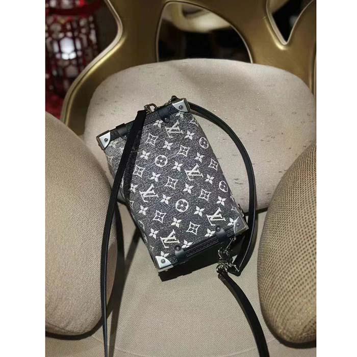Louis Vuitton LV Women Side Trunk Handbag Gray Denim Textile Jacquard