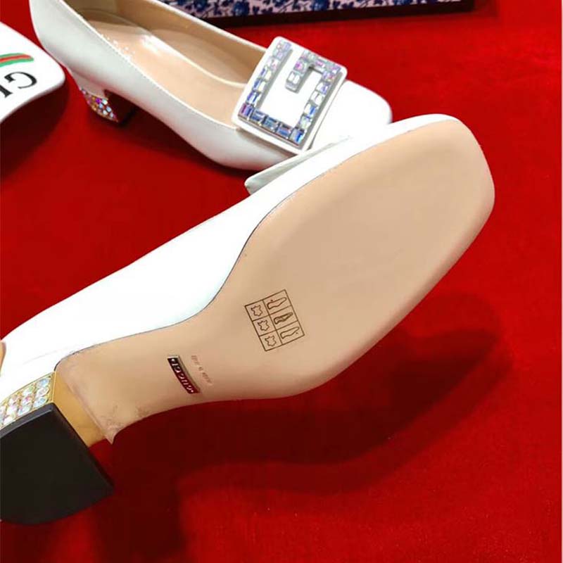 Gucci Women Shoe Leather Mid-Heel Pump with Crystal G 50mm Heel-White
