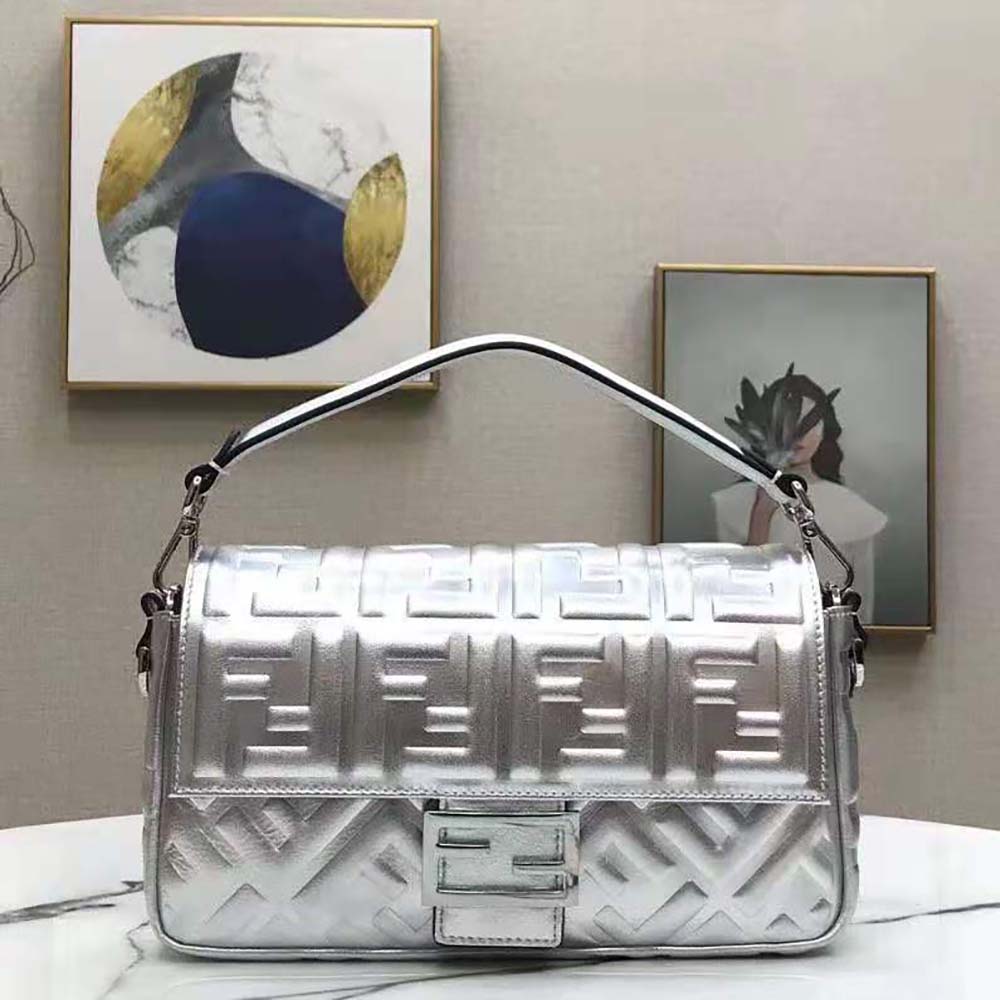 Fendi Women Baguette Fendi Prints On Leather Bag-Silver