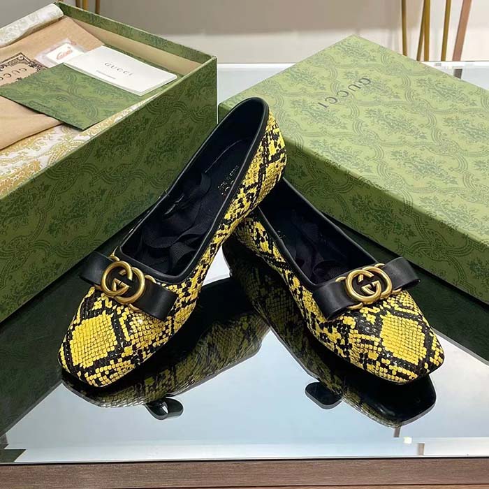 Gucci Women GG Python Ballet Flat Yellow Black Leather Interlocking G Black Leather Bow