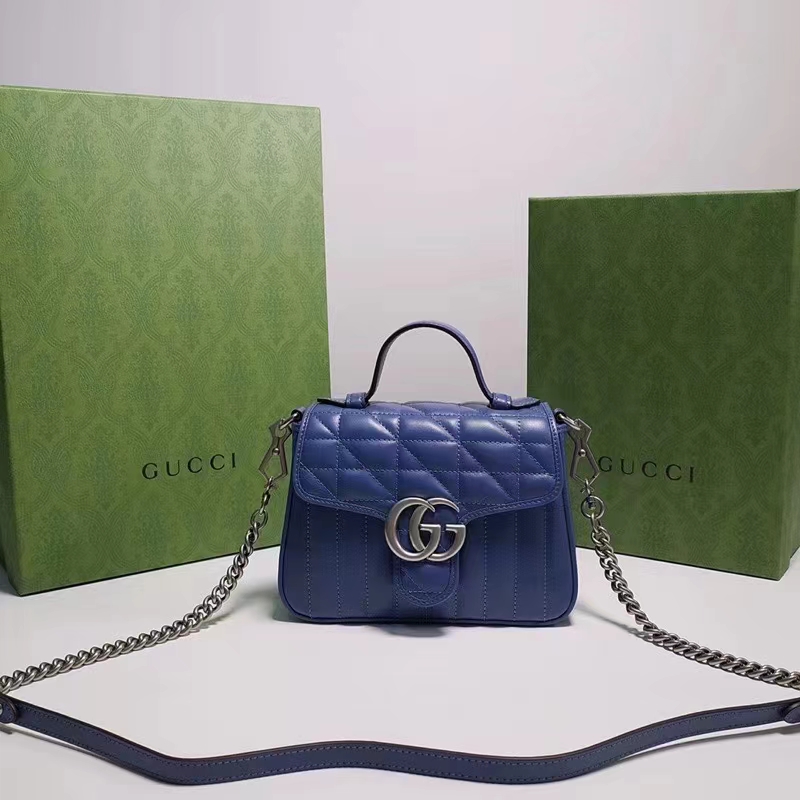 Gucci Women GG Marmont Mini Top Handle Bag Blue Matelassé Leather Double G