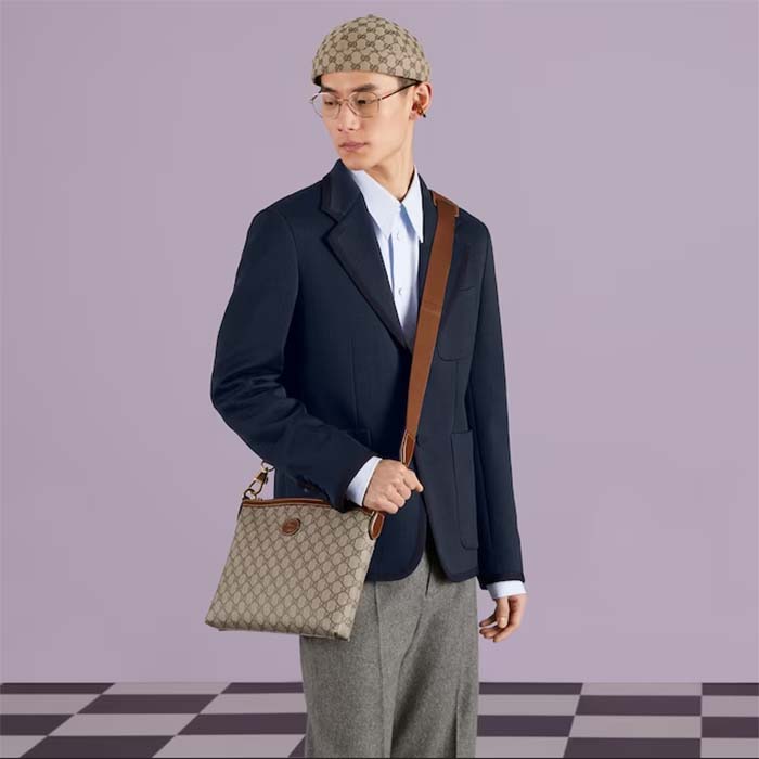 Gucci Unisex Messenger Bag Brown Leather Interlocking G Beige Ebony GG Supreme Canvas