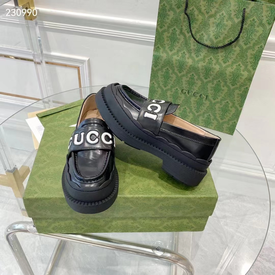 Gucci GG Women Gucci Loafer Black White Leather Scalloped Script Rubber Sole Mid-Heel